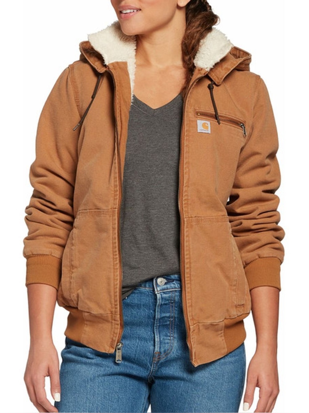 Carhartt Weathered Wildwood Jacket Tan Size Medium Hooded Sherpa Lined - Picture 15 of 17